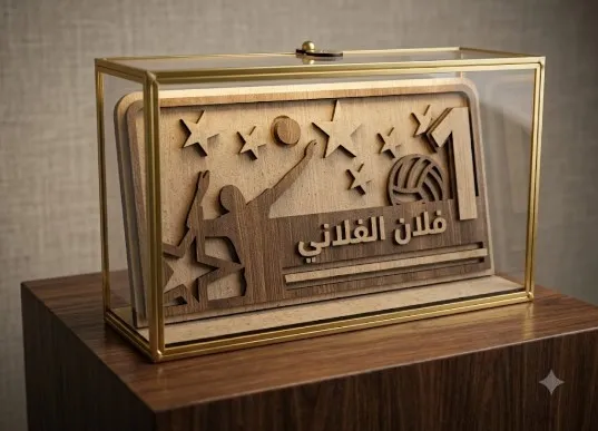 درع تذكاري خشبي فاخر داخل صندوق زجاجي